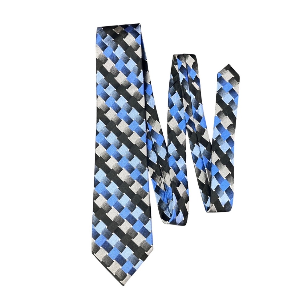 Geoffrey Beene Mens Blue Grey Black Basketweave 100% Silk Hand Made Necktie
